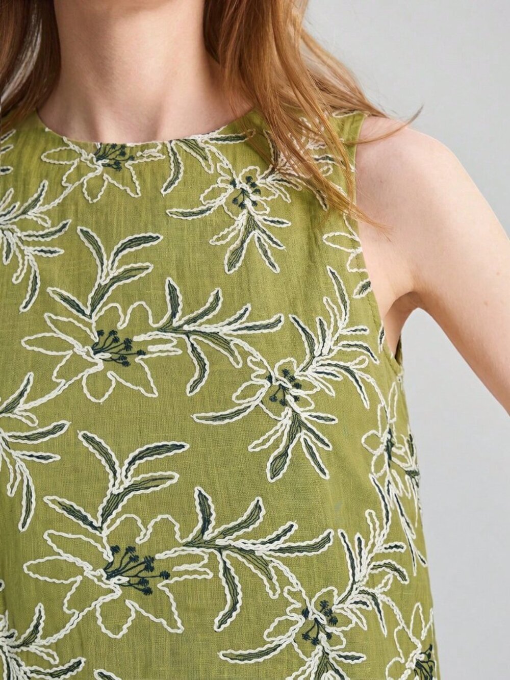 Army Green Boho Women's Elegant Embroidered Tank Top - Picture 6 of 6